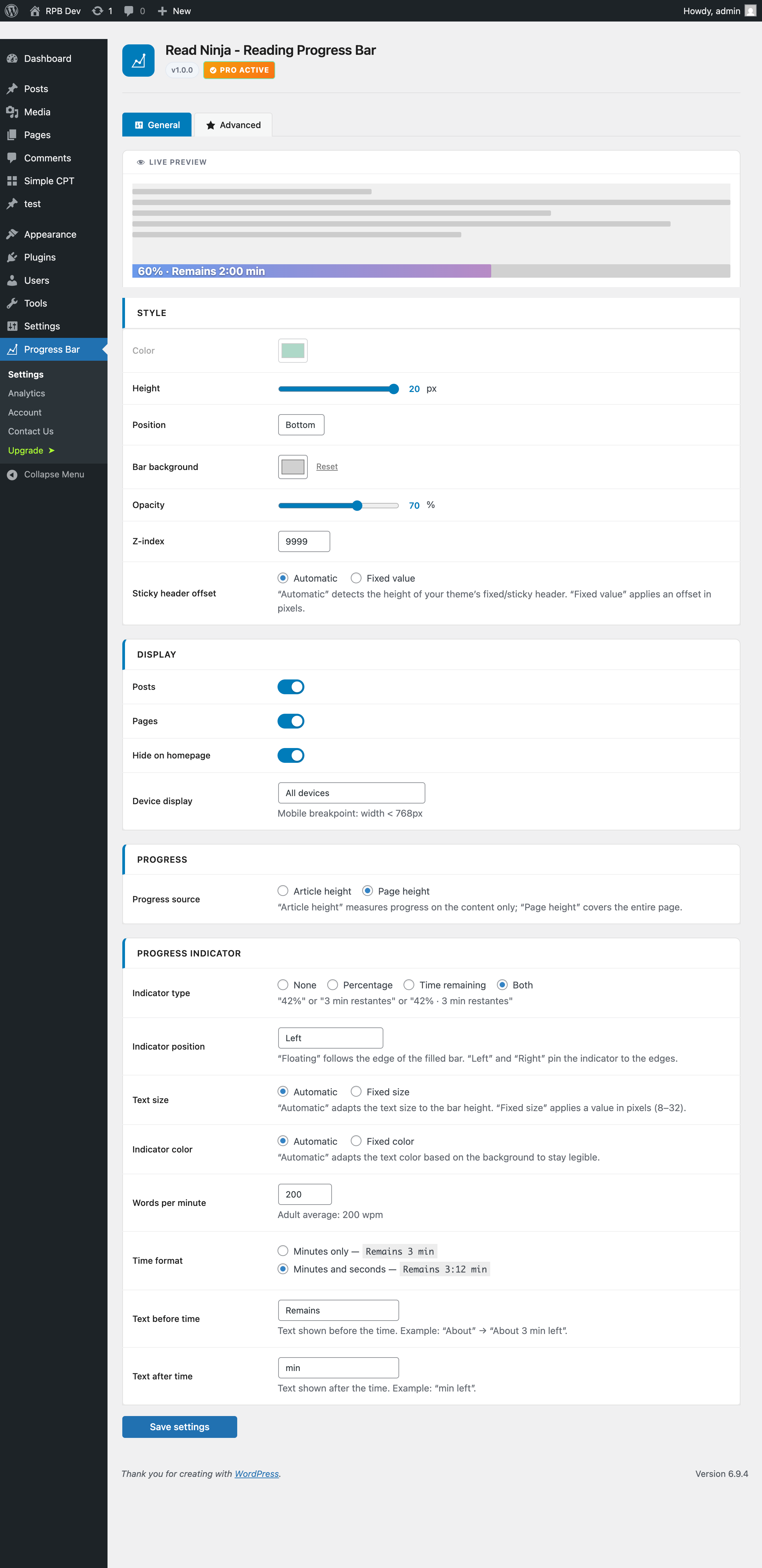 La scheda Stile della pagina impostazioni Barra di avanzamento nell'admin WordPress